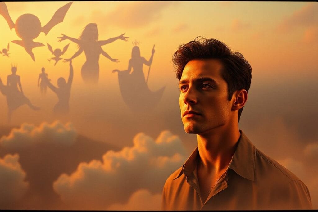 Psychological interpretations of celebrity dreams: A surreal landscape with dreamlike figures and symbols. In the foreground, a celebrity figure emerges from a kaleidoscope of abstract shapes and colors, their expression thoughtful and introspective. In the middle ground, a series of dream-like apparitions and archetypes float, reflecting the hidden meanings and subconscious associations of celebrity worship. The background is a hazy, ethereal realm, tinged with a sense of mystery and the unknown. Warm, diffused lighting casts a contemplative glow, inviting the viewer to ponder the deeper psychological significance of these celebrity-influenced dreams. A 35mm film-like aesthetic adds to the sense of nostalgia and the subjectivity of the human psyche.