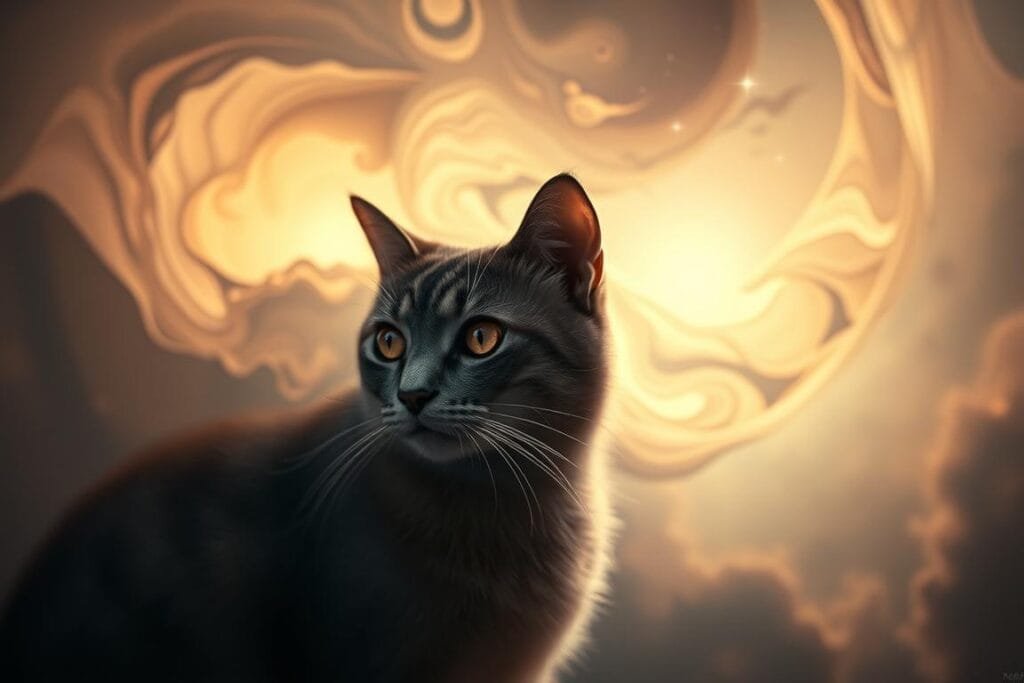 Psychological perspectives on cat dreams: A dreamscape of feline consciousness, ethereal and enigmatic. In the foreground, a serene feline figure, its eyes reflecting the astral plane. Surrounding it, a swirling vortex of abstract shapes and hues, evoking the subconscious mysteries of the feline mind. Soft, diffused lighting casts an introspective glow, hinting at the hidden depths of the cat's psyche. In the background, a subtle, starry sky, a portal to the realm of the unconscious. Cinematic camera angle, creating a sense of wonder and contemplation. An atmosphere of tranquil introspection, inviting the viewer to ponder the psychological complexities of the cat's dreamworld.