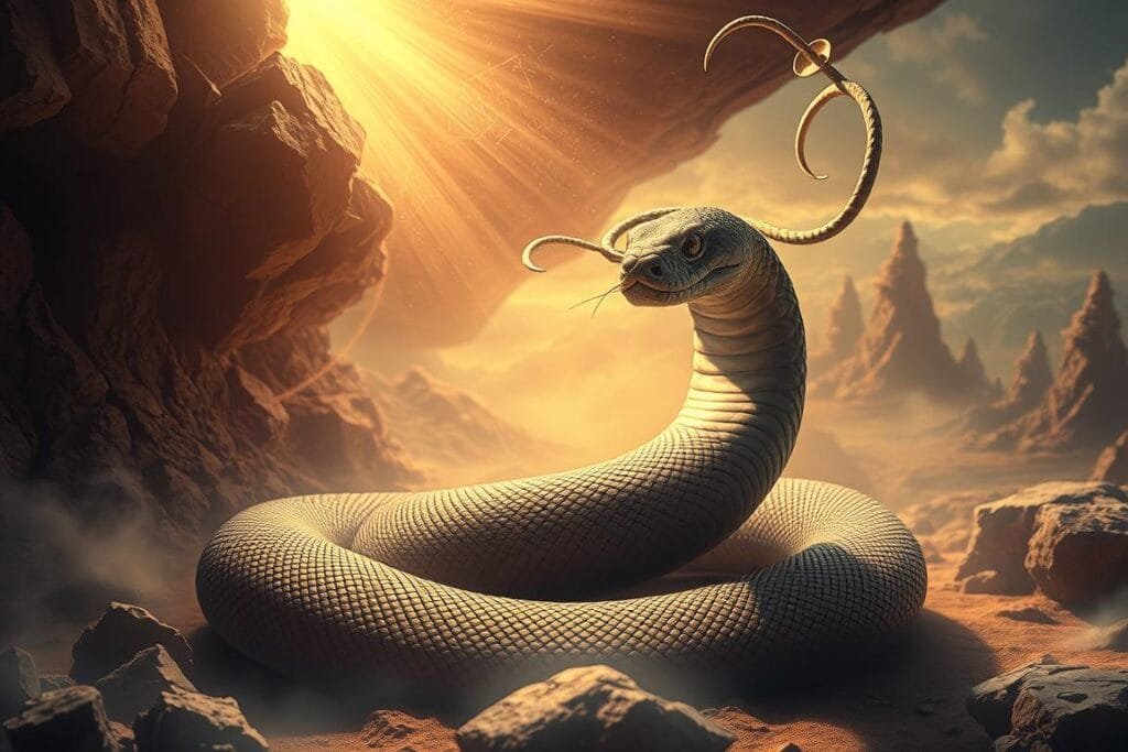 Psychological snake dreams: A surreal scene of a coiled serpent emerging from the mind's depths, its piercing gaze meeting the viewer. Dreamlike lighting casts a warm, ethereal glow, as tendrils of subconscious energy swirl around the central figure. The snake's scales shimmer with an otherworldly sheen, hinting at the hidden meanings and symbolism inherent in this primal vision. In the background, a distorted, fragmented landscape suggests the fractured, labyrinthine nature of the psyche. Soft, muted tones and a sense of introspection evoke the contemplative, introspective mood of this psychological exploration.