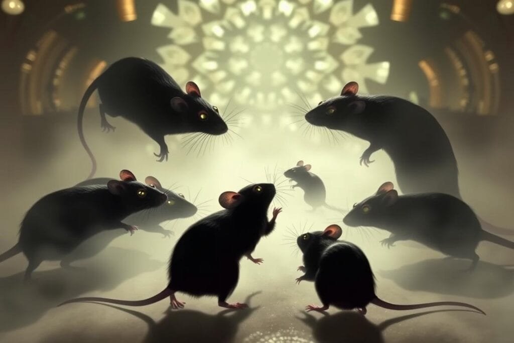 Rats and mice clash in a dreamlike realm, their silhouettes intertwined in a surreal dance. In the foreground, a pack of rats, their eyes gleaming with mischief, confronts a lone mouse, its whiskers trembling. The middle ground is shrouded in a hazy, ethereal mist, casting an otherworldly glow over the scene. In the background, a kaleidoscope of fragmented shapes and patterns swirls, creating a sense of disorientation and the subconscious. The lighting is soft and diffused, casting long shadows that add depth and drama to the composition. The camera angle is slightly elevated, giving the viewer a sense of observing the interaction from above, like a voyeur peering into the subconscious. The overall atmosphere is one of unease and the unsettling, reflecting the key differences between the meanings of dreaming about rats versus mice.