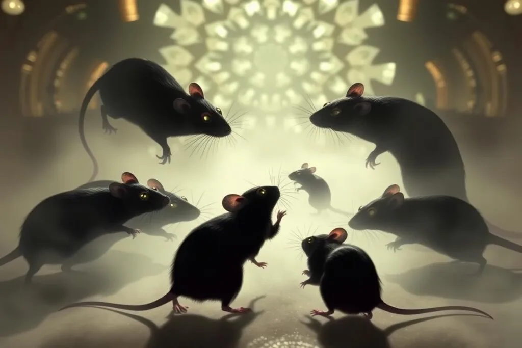 Rats and mice clash in a dreamlike realm, their silhouettes intertwined in a surreal dance. In the foreground, a pack of rats, their eyes gleaming with mischief, confronts a lone mouse, its whiskers trembling. The middle ground is shrouded in a hazy, ethereal mist, casting an otherworldly glow over the scene. In the background, a kaleidoscope of fragmented shapes and patterns swirls, creating a sense of disorientation and the subconscious. The lighting is soft and diffused, casting long shadows that add depth and drama to the composition. The camera angle is slightly elevated, giving the viewer a sense of observing the interaction from above, like a voyeur peering into the subconscious. The overall atmosphere is one of unease and the unsettling, reflecting the key differences between the meanings of dreaming about rats versus mice. Rats and mice clash in a dreamlike realm, their silhouettes intertwined in a surreal dance. In the foreground, a pack of rats, their eyes gleaming with mischief, confronts a lone mouse, its whiskers trembling. The middle ground is shrouded in a hazy, ethereal mist, casting an otherworldly glow over the scene. In the background, a kaleidoscope of fragmented shapes and patterns swirls, creating a sense of disorientation and the subconscious. The lighting is soft and diffused, casting long shadows that add depth and drama to the composition. The camera angle is slightly elevated, giving the viewer a sense of observing the interaction from above, like a voyeur peering into the subconscious. The overall atmosphere is one of unease and the unsettling, reflecting the key differences between the meanings of dreaming about rats versus mice.