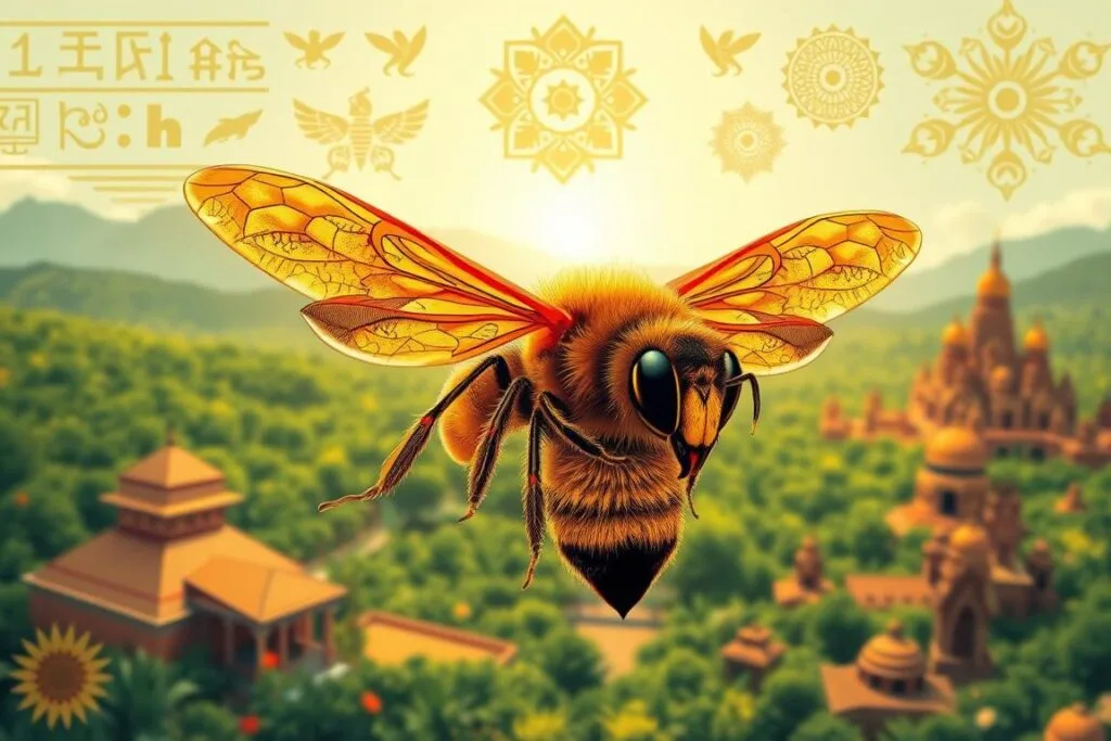 Stunning cultural bee symbolism, captured in a richly detailed illustration. In the foreground, a majestic golden bee hovers, its intricate wings and compound eyes shimmering under a warm, natural light. Around it, a tapestry of vibrant cultural motifs unfolds - ancient hieroglyphics, tribal patterns, and ornate mandalas in a harmonious dance. The middle ground features a lush, verdant backdrop, hinting at the bee's connection to the natural world. In the distance, silhouettes of sacred temples and architectural wonders suggest the deep-rooted significance of the bee across diverse civilizations. The overall atmosphere exudes a sense of reverence, wisdom, and the enduring legacy of this remarkable creature in the collective human consciousness.