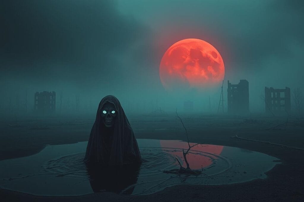 Surreal dreamscape set in a shadowy, post-apocalyptic realm. In the foreground, a shrouded figure resembling a zombie emerges from a pool of viscous, toxic sludge, its lifeless eyes glowing with an eerie, ethereal light. The middle ground features a barren, desolate landscape dotted with the crumbling ruins of abandoned buildings, evoking a sense of desolation and decay. In the distant background, a haunting, crimson sky casts an ominous, foreboding glow, creating an atmosphere of unease and unnatural tranquility. The entire scene is bathed in a cool, muted color palette, emphasizing the unsettling, nightmarish quality of the dream. Cinematic lighting and a wide-angle lens capture the expansive, dreamlike quality of the composition.