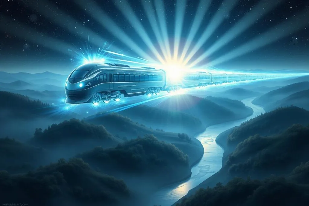 a detailed digital illustration of a spiritual train symbolism. the train is a long, sleek locomotive with a glowing blue-white ethereal energy field surrounding it, radiating spiritual light. the train is floating above a misty, dreamlike landscape of rolling hills, forests, and a winding river. the background is filled with a starry night sky, glowing with cosmic energy. the train is a metaphor for the journey of the soul, moving through the spiritual realms. the lighting is dramatic, with beams of celestial light illuminating the scene. the overall mood is contemplative and transcendent. a detailed digital illustration of a spiritual train symbolism. the train is a long, sleek locomotive with a glowing blue-white ethereal energy field surrounding it, radiating spiritual light. the train is floating above a misty, dreamlike landscape of rolling hills, forests, and a winding river. the background is filled with a starry night sky, glowing with cosmic energy. the train is a metaphor for the journey of the soul, moving through the spiritual realms. the lighting is dramatic, with beams of celestial light illuminating the scene. the overall mood is contemplative and transcendent.