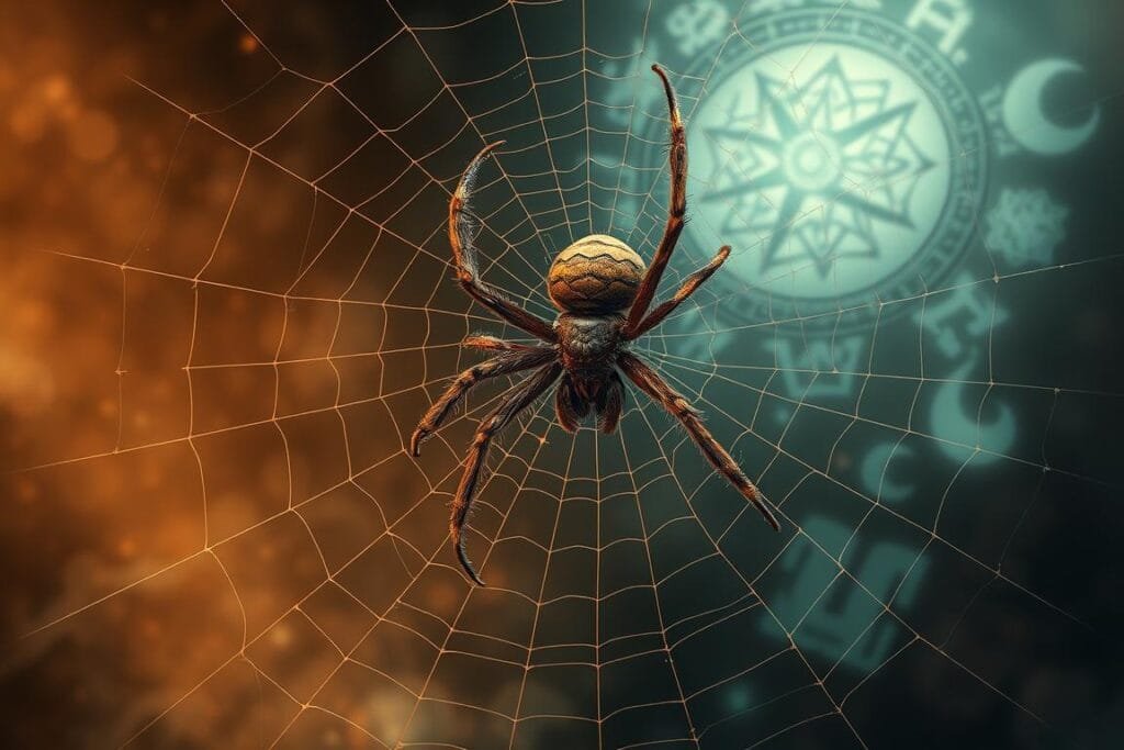 a detailed, mystical, and evocative digital illustration depicting the cultural symbolism of spiders. in the foreground, a large spider web spun from gossamer threads, illuminated by soft, warm lighting that casts intricate patterns of shadow and light. the web is placed against a swirling, dreamlike background of ancient symbols, mystical sigils, and arcane patterns that hint at the spider's deep connections to human mythology, folklore, and spiritual beliefs across cultures. the spider itself is rendered with exquisite detail, its eight eyes gleaming with an almost sentient intelligence, conveying a sense of the spider as a guardian, a messenger, or a totem of transformation. the overall mood is one of reverence, mystery, and a profound sense of the spider's symbolic power and significance.