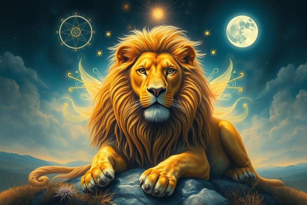 a painting of a spiritual interpretation of a lion dream, showing a large golden lion with a flowing mane and intense gaze, surrounded by mystical symbols and ethereal energy fields, set against a backdrop of a serene landscape with a full moon, soft lighting illuminating the scene with a sense of tranquility and enlightenment, creating an atmospheric and evocative image that captures the deeper meaning and symbolism of lion dreams