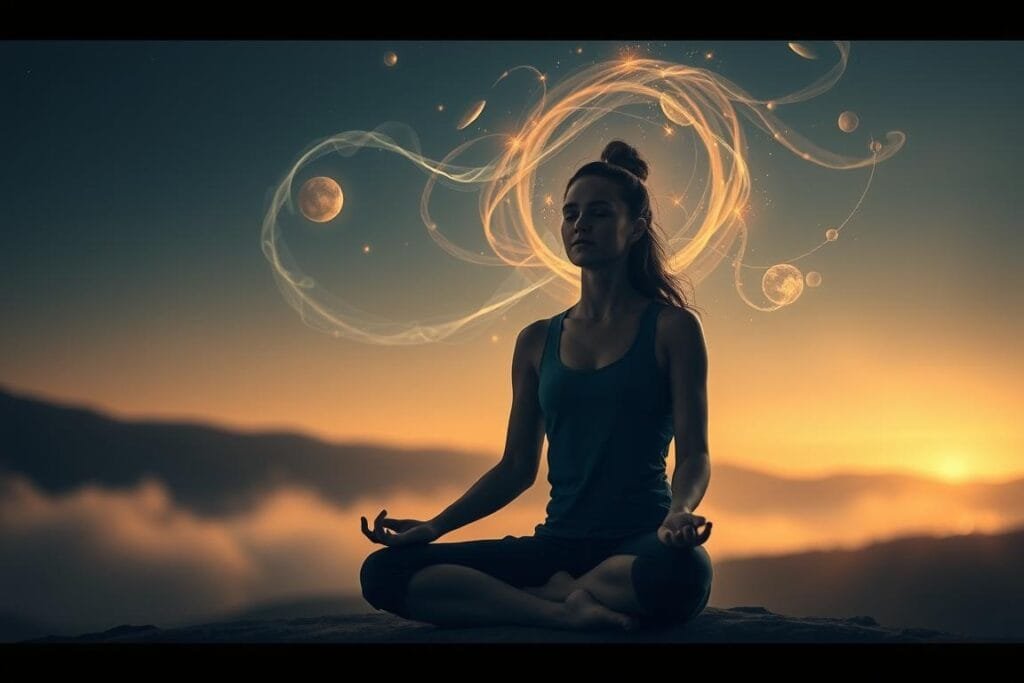 a serene and introspective scene depicting the spiritual meaning behind fighting dreams. In the foreground, a person sits in a meditative pose, their expression calm and focused. Surrounding them, swirling energy and celestial elements symbolize the inner turmoil and subconscious forces at play. The background features a dimly lit, mystical landscape with glowing orbs and wispy, ethereal shapes. Soft, warm lighting casts a peaceful glow, creating an atmosphere of contemplation and self-discovery. The overall composition conveys a sense of balance, transformation, and the invitation to explore the deeper, symbolic significance of these types of dreams.