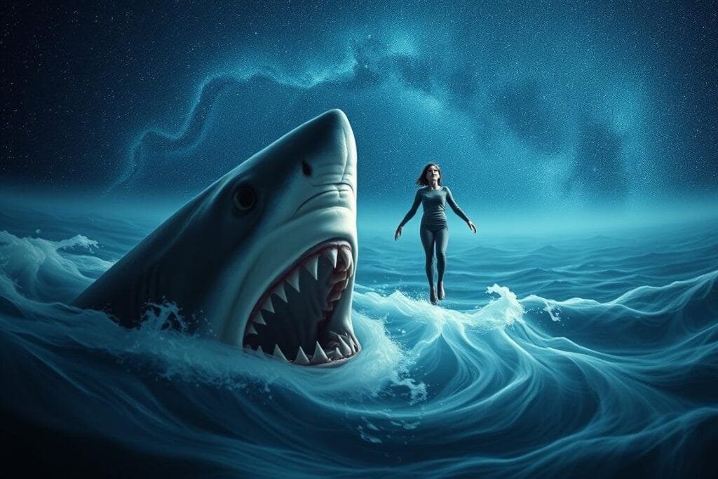 a surreal and dream-like scene depicting the symbolism of sharks in dreams. in the foreground, a large shark's head emerges from a swirling, ethereal ocean, its jaws agape and eyes piercing. in the middle ground, a human figure, representing the dreamer, floats weightlessly, their expression both fearful and transfixed. in the background, a vast, starry night sky shimmers, casting a celestial glow over the entire scene. the lighting is soft and moody, creating an atmosphere of mystery and subconscious exploration. the overall composition conveys the primal power and psychological significance of sharks as a symbol of predatory instincts, vulnerability, and the depths of the unconscious mind.