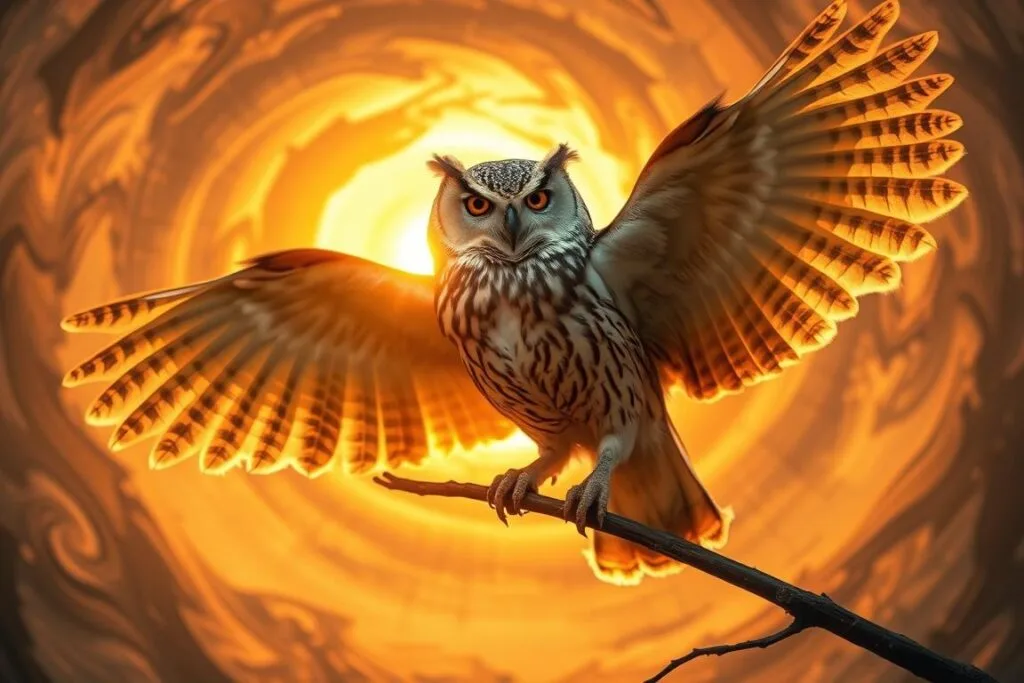 an owl perched on a branch, its wings outstretched, feathers shimmering in the soft, warm light of the golden-hour sunset. the owl's piercing gaze is fixed ahead, symbolizing clarity, wisdom, and the ability to see beyond the surface. in the background, a swirling, abstract vortex of colors and shapes represents the process of transformation, the cyclical nature of life, and the owl's role as a guide through this journey. the overall composition evokes a sense of mysticism, introspection, and the profound changes that can occur within the human experience.