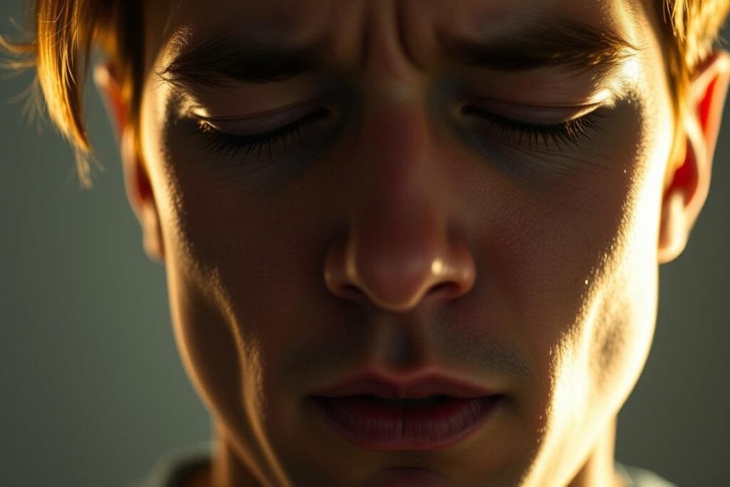 close-up photograph of a person's face with eyes closed, experiencing a hypnic jerk, with subtle facial expressions conveying emotions like surprise, discomfort, and heightened awareness; the face is illuminated by soft, warm lighting from the side, creating dramatic shadows and highlights; the depth of field is shallow, keeping the face in focus while blurring the background; the image has a sense of stillness and intimacy, inviting the viewer to empathize with the subject's internal experience