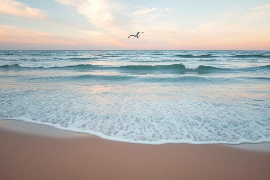 ocean in dreams, calm and serene seascape with rolling waves gently lapping at a sandy shore, soft pastel hues of blues, greens, and pinks reflecting the dreamlike atmosphere, wispy clouds drifting across a warm, glowing sky, a sense of tranquility and peace pervading the scene, the horizon blurred, as if the boundary between waking and sleep has become indistinct, a lone seagull gliding effortlessly over the water, a feeling of being immersed in a lucid, imaginative realm
