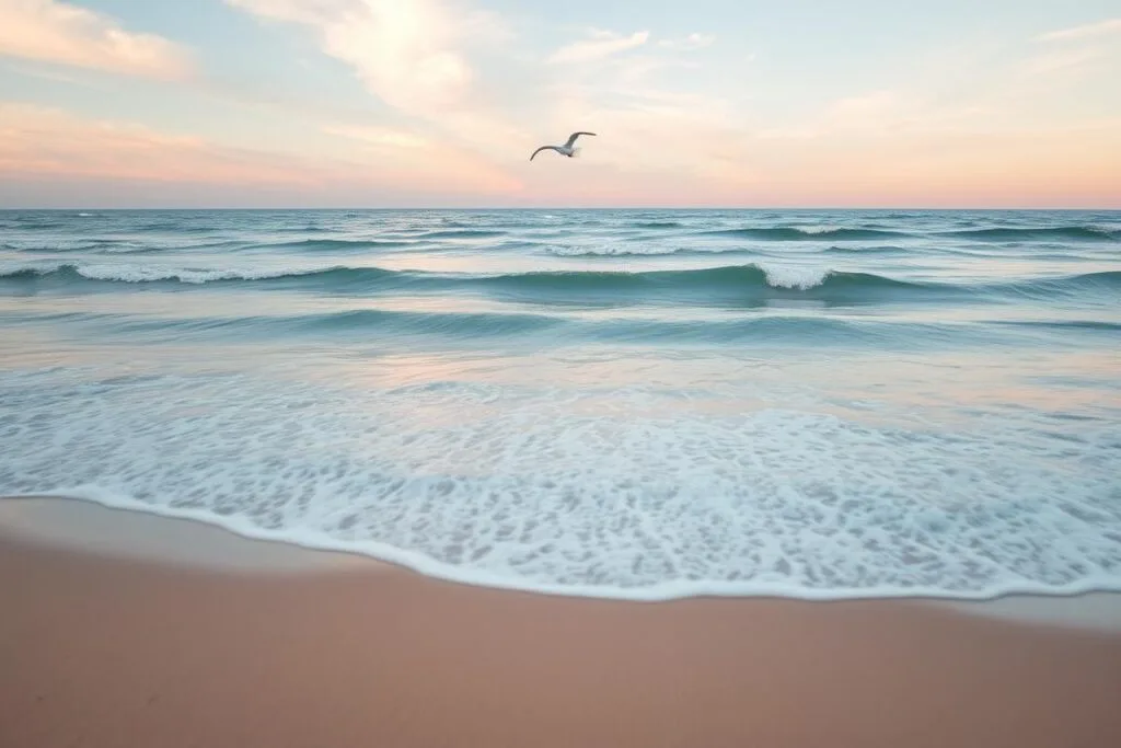 ocean in dreams, calm and serene seascape with rolling waves gently lapping at a sandy shore, soft pastel hues of blues, greens, and pinks reflecting the dreamlike atmosphere, wispy clouds drifting across a warm, glowing sky, a sense of tranquility and peace pervading the scene, the horizon blurred, as if the boundary between waking and sleep has become indistinct, a lone seagull gliding effortlessly over the water, a feeling of being immersed in a lucid, imaginative realm ocean in dreams, calm and serene seascape with rolling waves gently lapping at a sandy shore, soft pastel hues of blues, greens, and pinks reflecting the dreamlike atmosphere, wispy clouds drifting across a warm, glowing sky, a sense of tranquility and peace pervading the scene, the horizon blurred, as if the boundary between waking and sleep has become indistinct, a lone seagull gliding effortlessly over the water, a feeling of being immersed in a lucid, imaginative realm