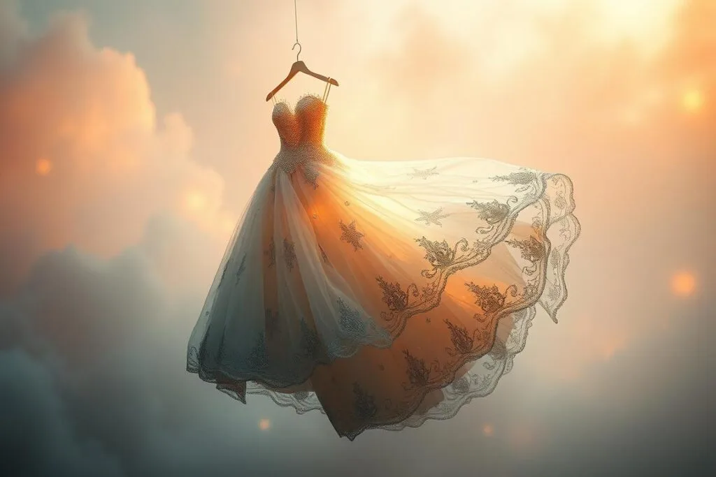 psychological wedding dream analysis, beautiful ornate wedding dress floating in a surreal, dreamlike landscape, translucent layers of fabric billowing in a soft breeze, delicate floral patterns and embroidery visible, the dress suspended in a hazy, ethereal atmosphere, warm glowing lights illuminate the scene from an unseen source, creating a sense of mystery and introspection, the background a blend of pastel colors and soft, abstract shapes, suggestive of the subconscious mind, a sense of profound emotional resonance and personal significance.