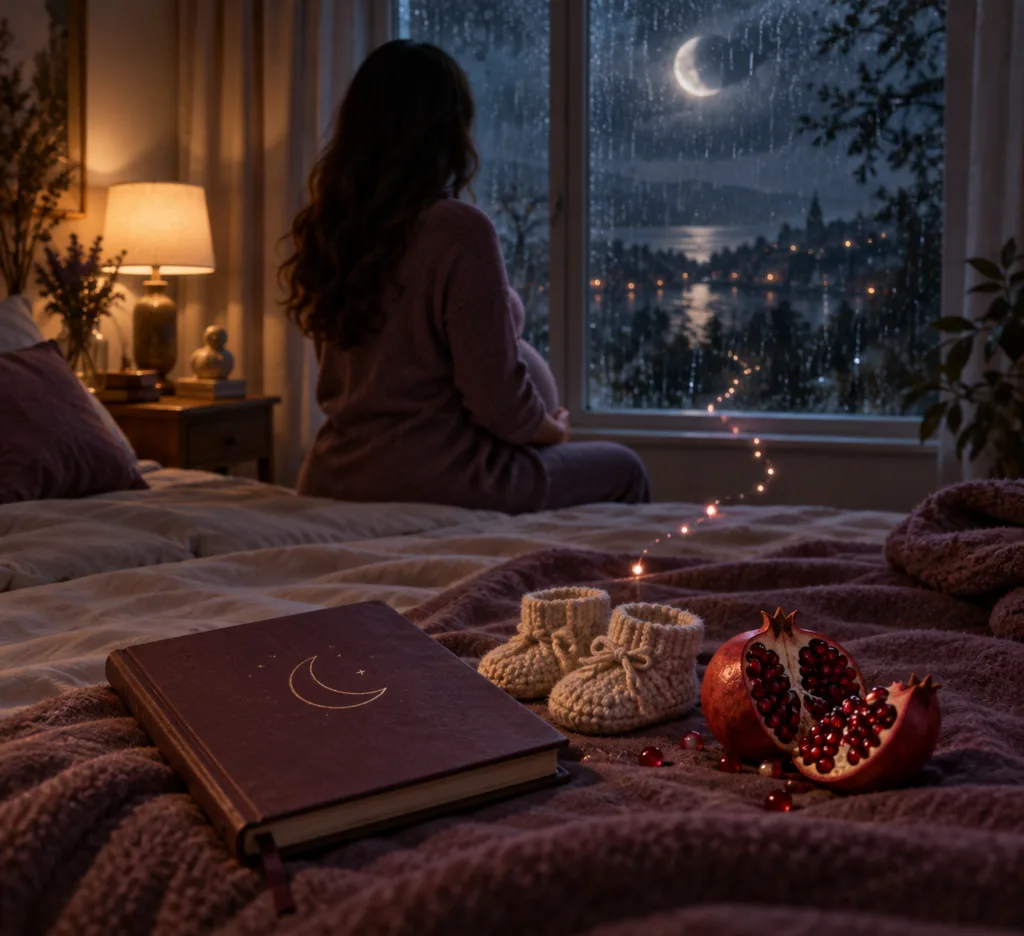 Dream symbolism pregnancy scene: baby booties, a split pomegranate, and a journal beside a pregnant person facing a rainy window.