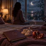Dream symbolism pregnancy scene: baby booties, a split pomegranate, and a journal beside a pregnant person facing a rainy window.