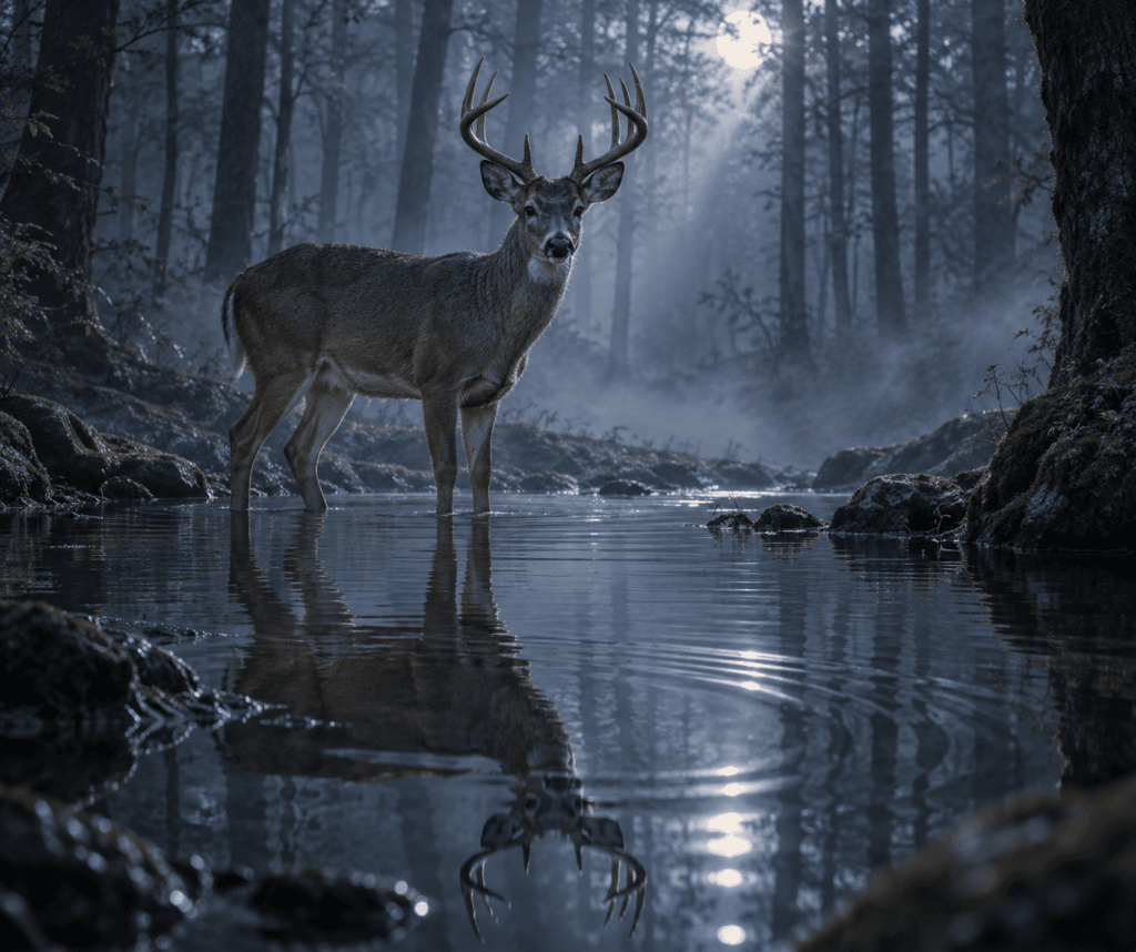 White-tailed deer stands in a misty forest pool at blue twilight, reflected in the wateru2014a deer dream meaning scene.