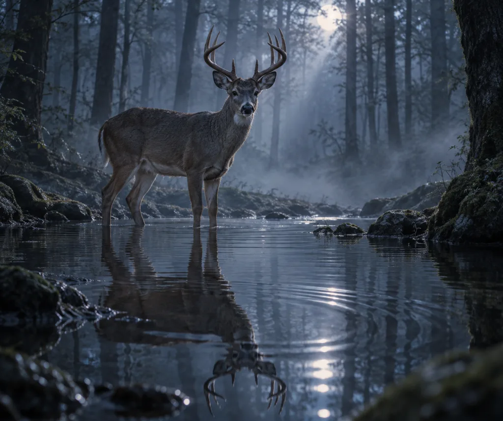 White-tailed deer stands in a misty forest pool at blue twilight, reflected in the wateru2014a deer dream meaning scene.
